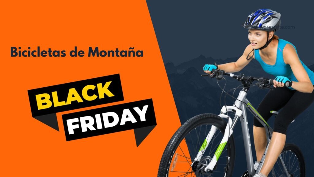 Imagen ilustra una mujer y texto "Bicicletas de Montaña Black Friday ofertas en Amazon"